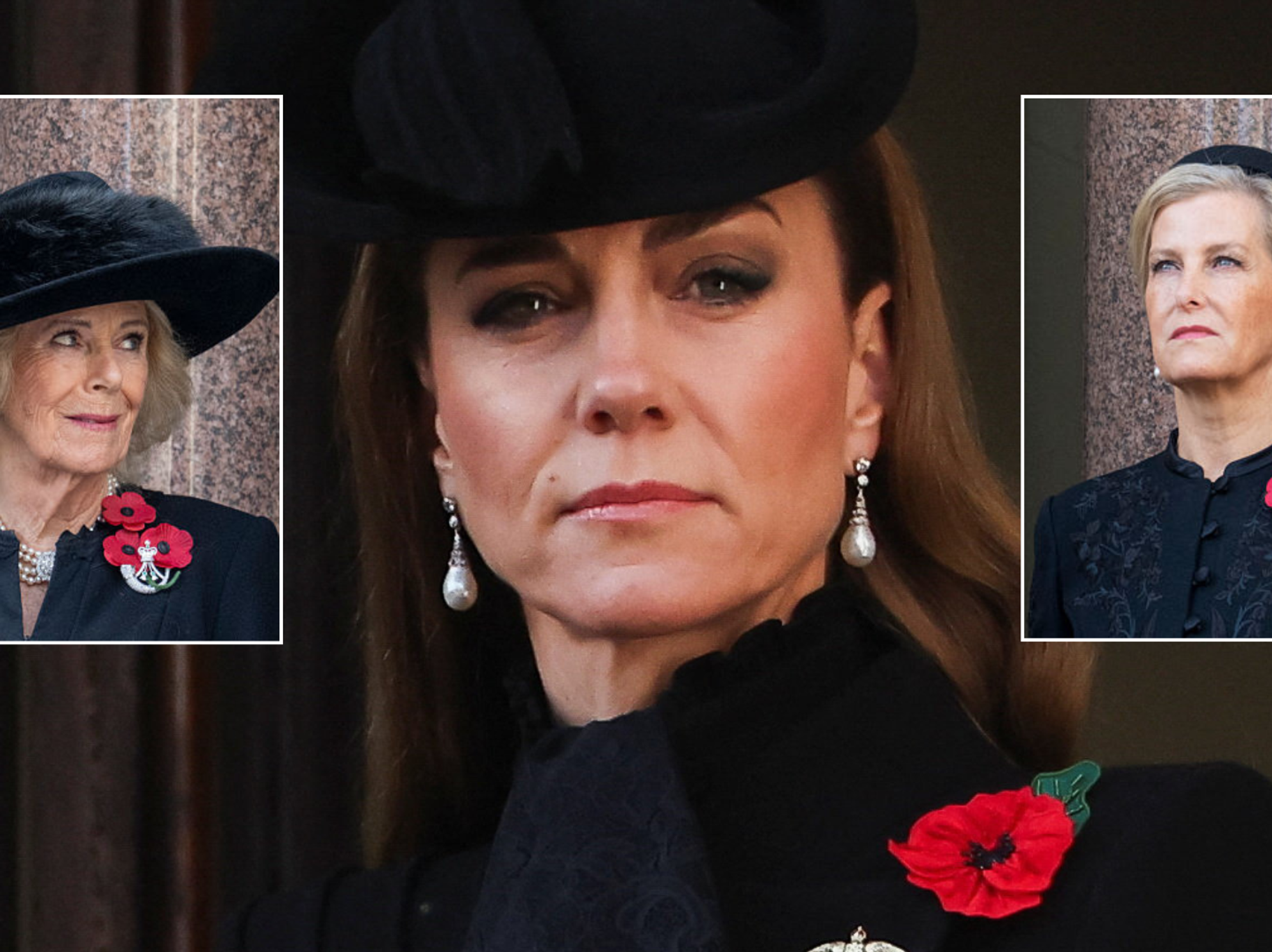 Queen Camilla and Sophie wear three poppies on Remembrance Sunday unlike Princess Kate