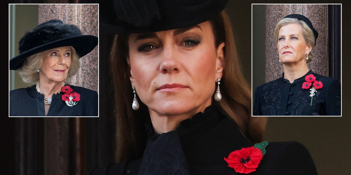 Queen Camilla and Sophie wear three poppies on Remembrance Sunday unlike Kate Middleton