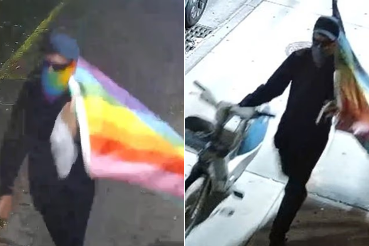 'Anti-Christian' vandal seen daubing 'hate crime slogans' across US churches - while draped in Pride flag