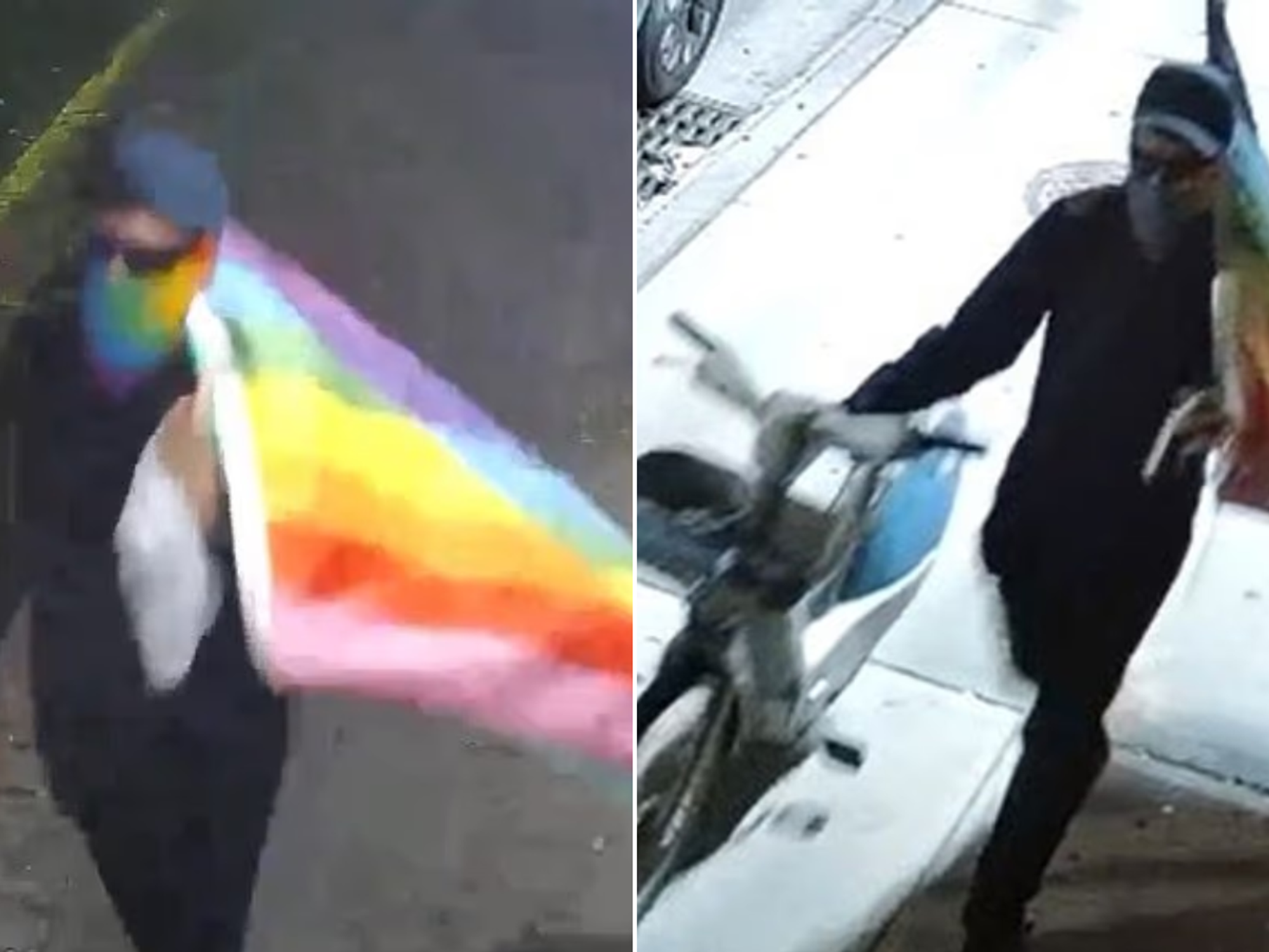'Anti-Christian' vandal seen daubing 'hate crime slogans' across US churches - while draped in Pride flag