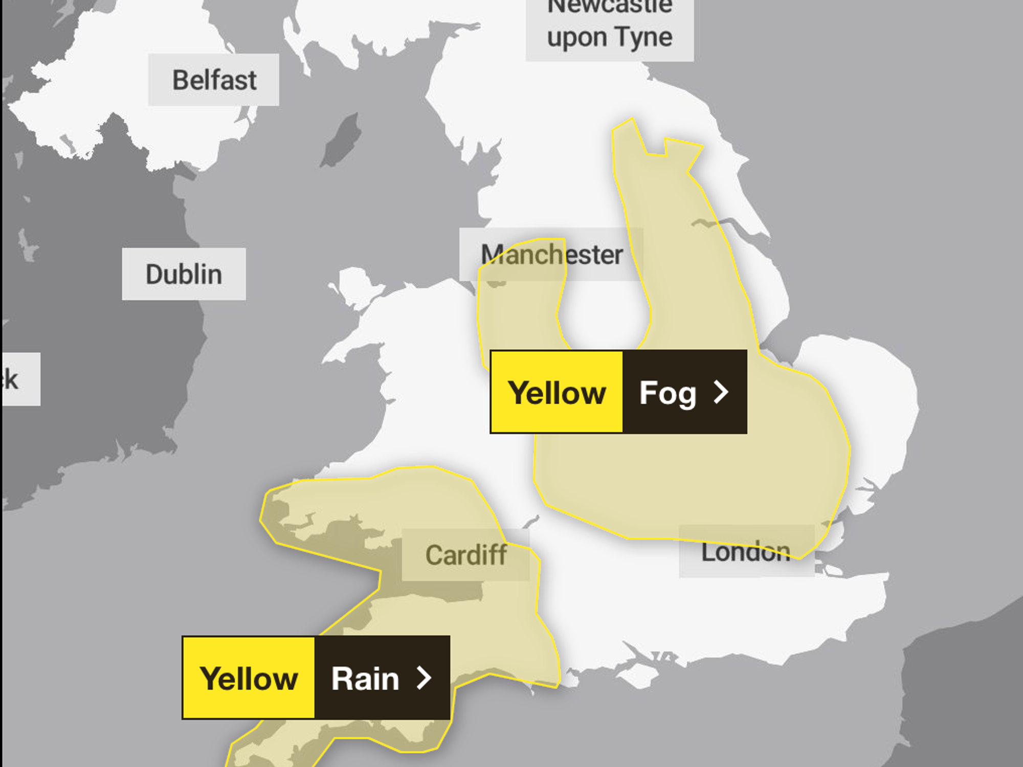 Thick fog and heavy rains threaten to disrupt travel across Britain, forecasters warn