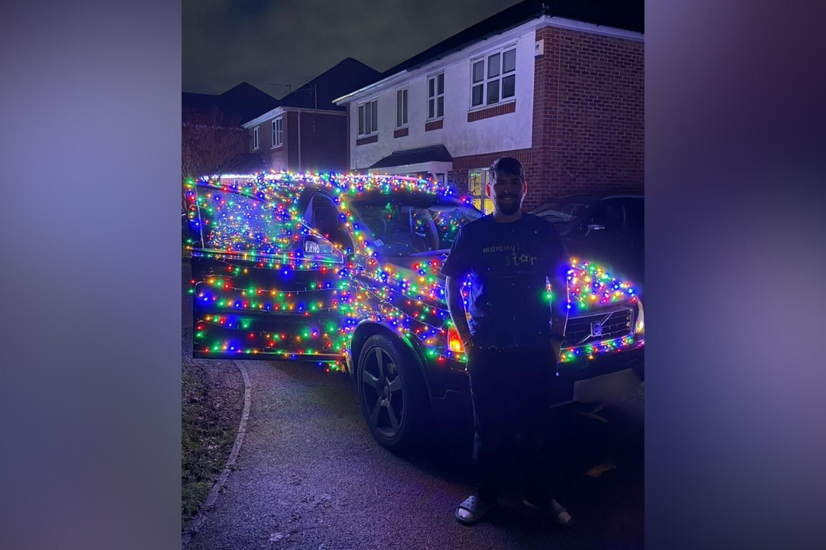 'She lit up every room!' Man covers car in Christmas lights to raise money for charity after sister's death