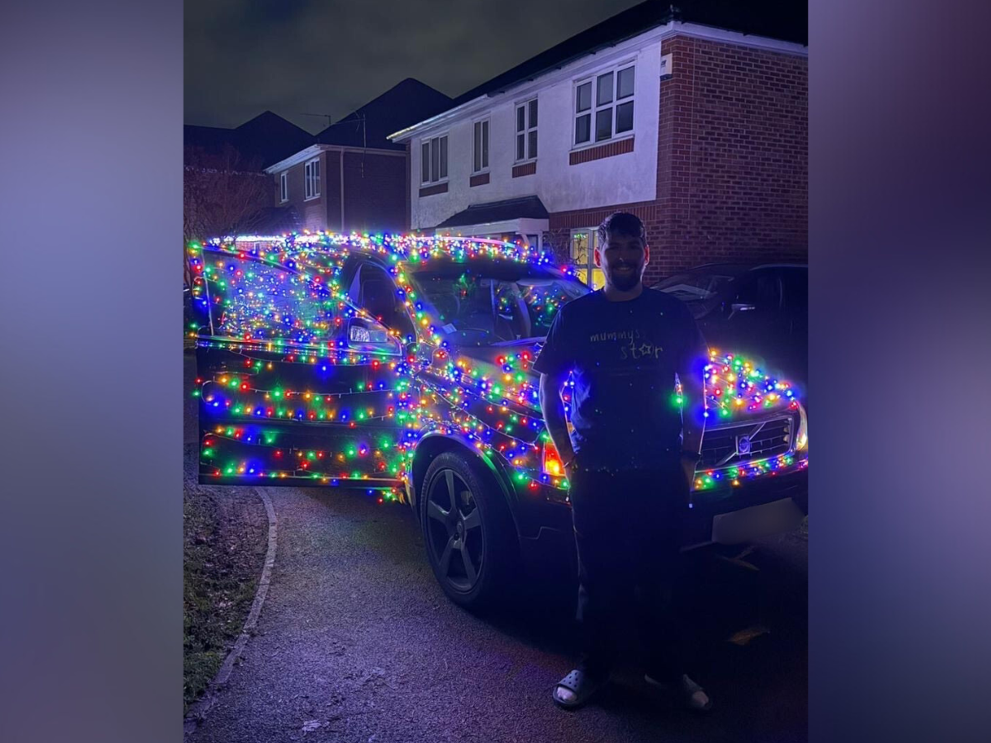 'She lit up every room!' Man covers car in Christmas lights to raise money for charity after sist...