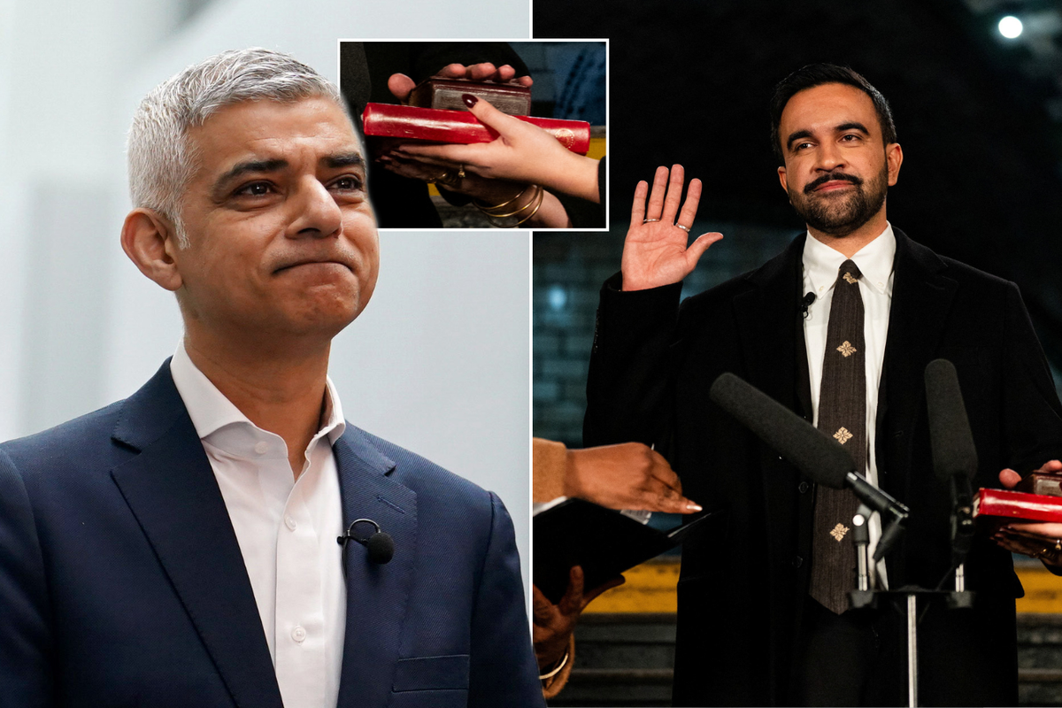 Sadiq Khan hails New York's first Muslim mayor as 'inspiring' after he is sworn in on Koran