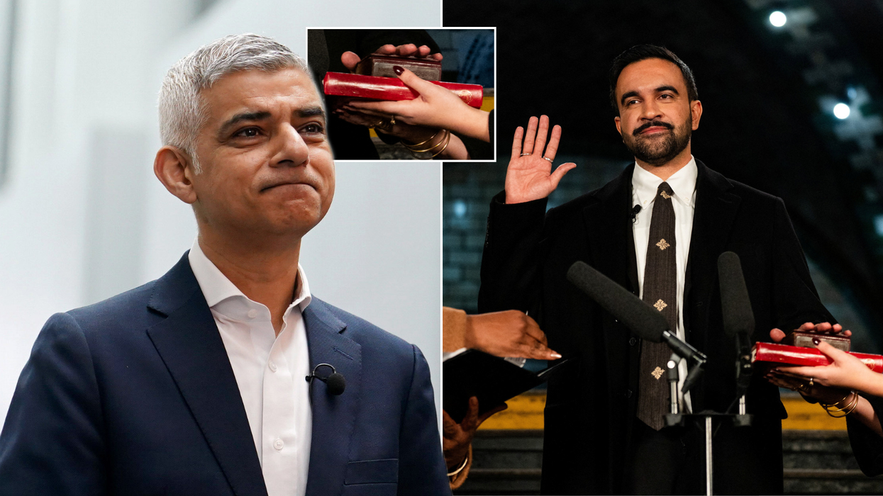 Sadiq Khan hails New York's first Muslim mayor as 'inspiring' after he is sworn in on Koran