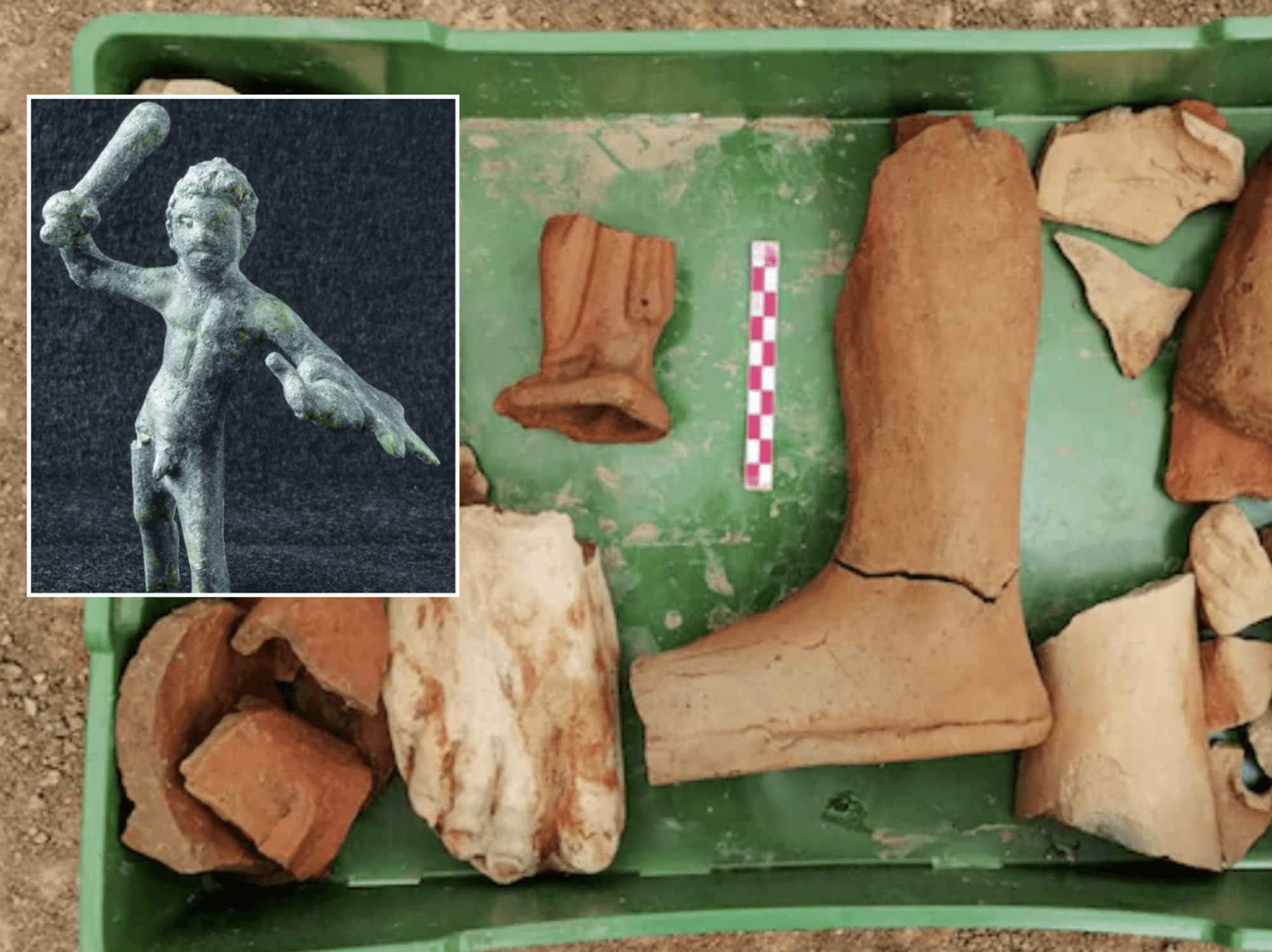 Archaeologists uncover sacred Roman shrine buried in mud containing six statues of legendary Greek hero