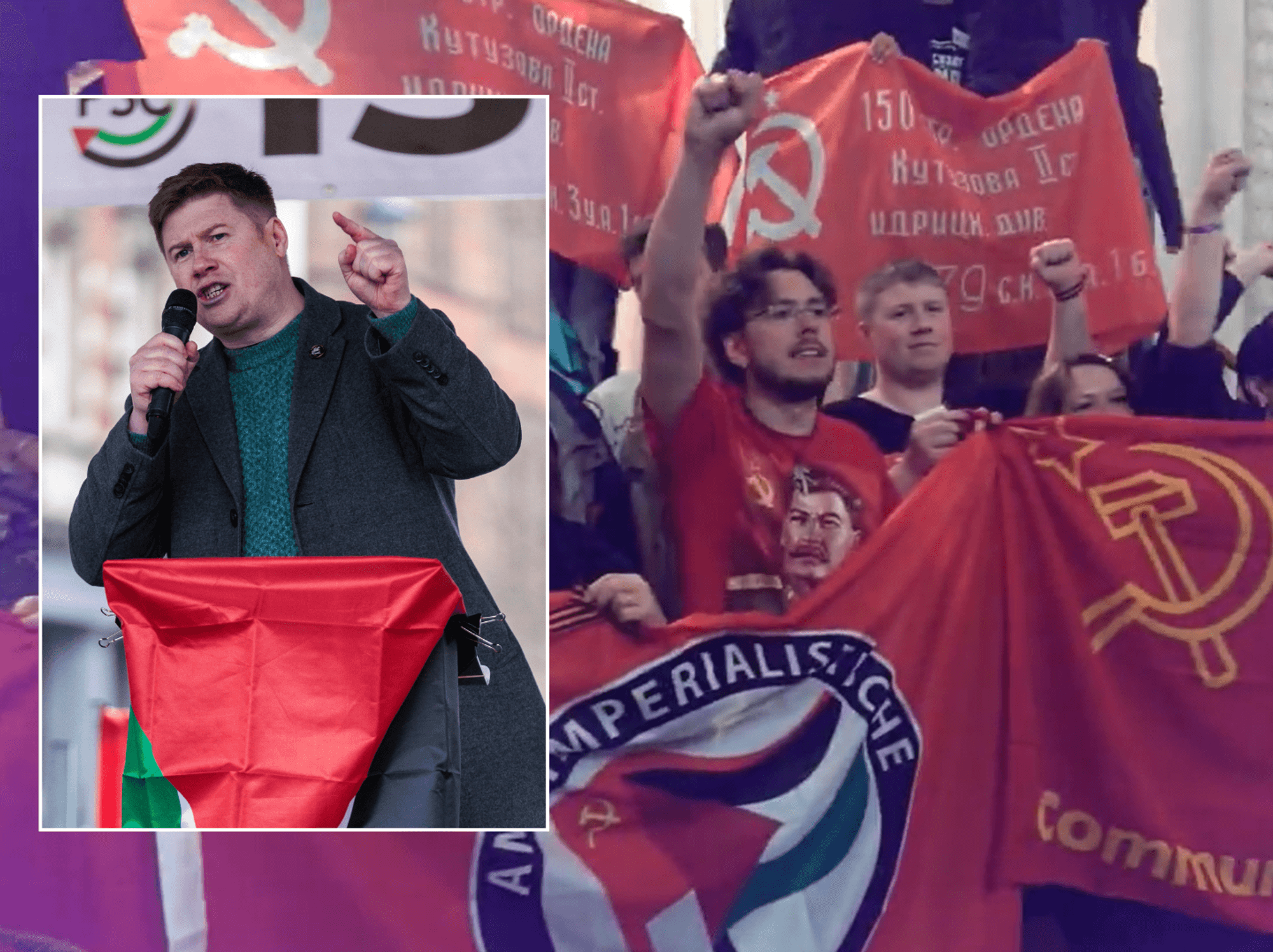 Rail union boss travelled to occupied Ukraine to join pro-Putin rally and fly communist flag