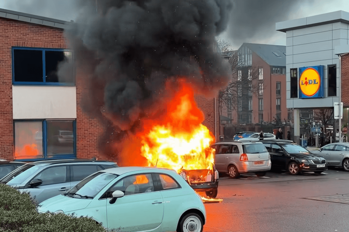 Lidl car park engulfed in flames after vehicle erupts into raging inferno