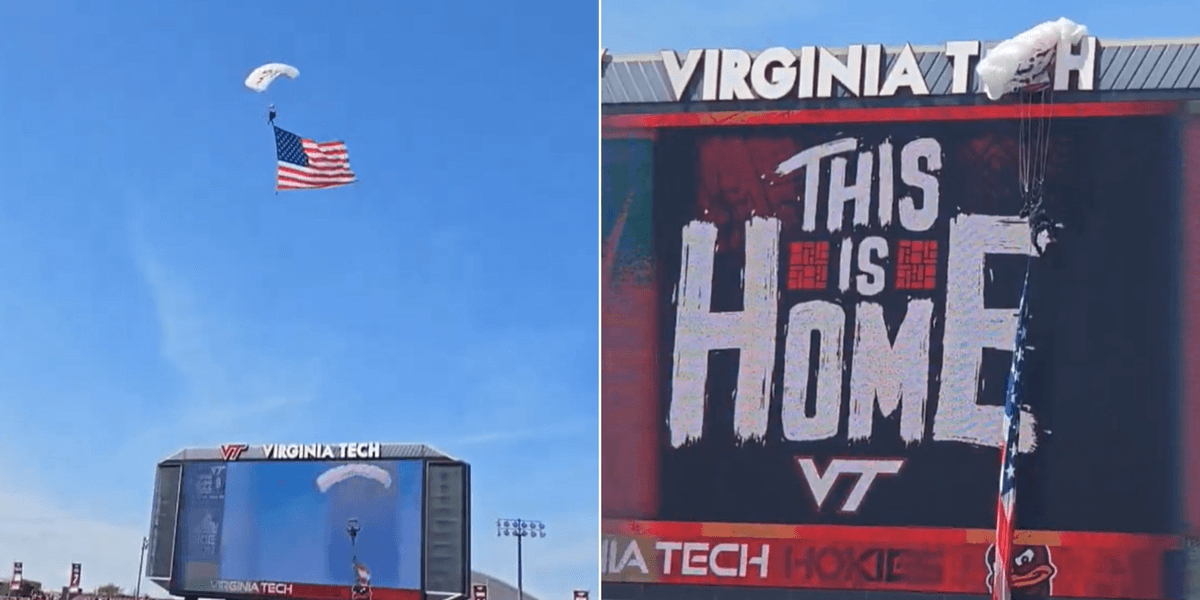 Parachuter CRASHES into scoreboard — delaying Virginia Tech game for over an hour Parachuter CRASHES into scoreboard — delaying Virginia Tech game for over an hour