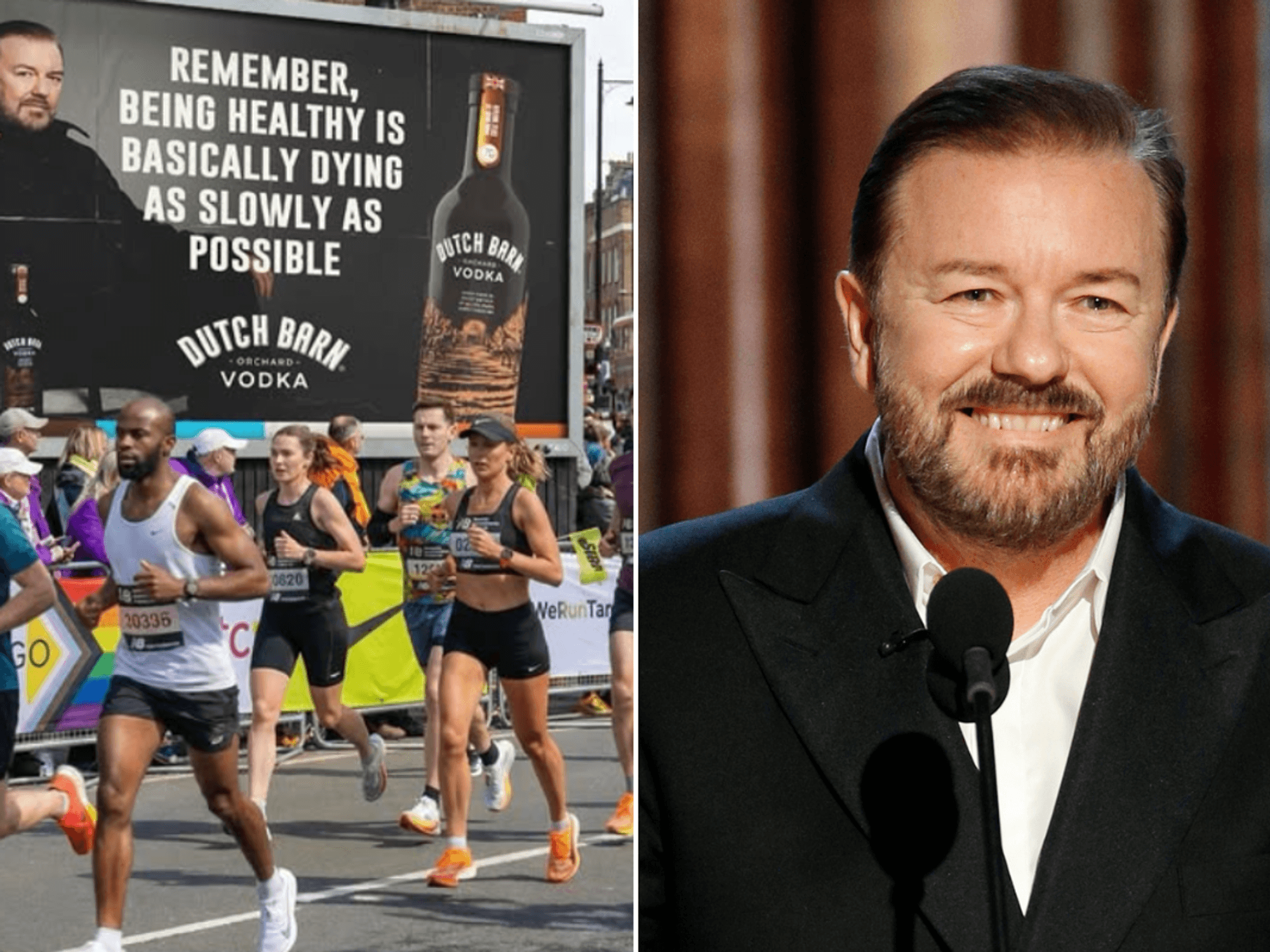 Ricky Gervais leaves fans divided with latest vodka billboard poking fun at London Marathon runners
