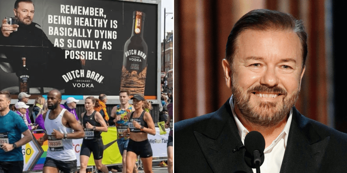 Ricky Gervais leaves fans divided with new Dutch Barn vodka billboard poking fun at London Marathon runners Ricky Gervais leaves fans divided with new Dutch Barn vodka billboard poking fun at London Marathon runners