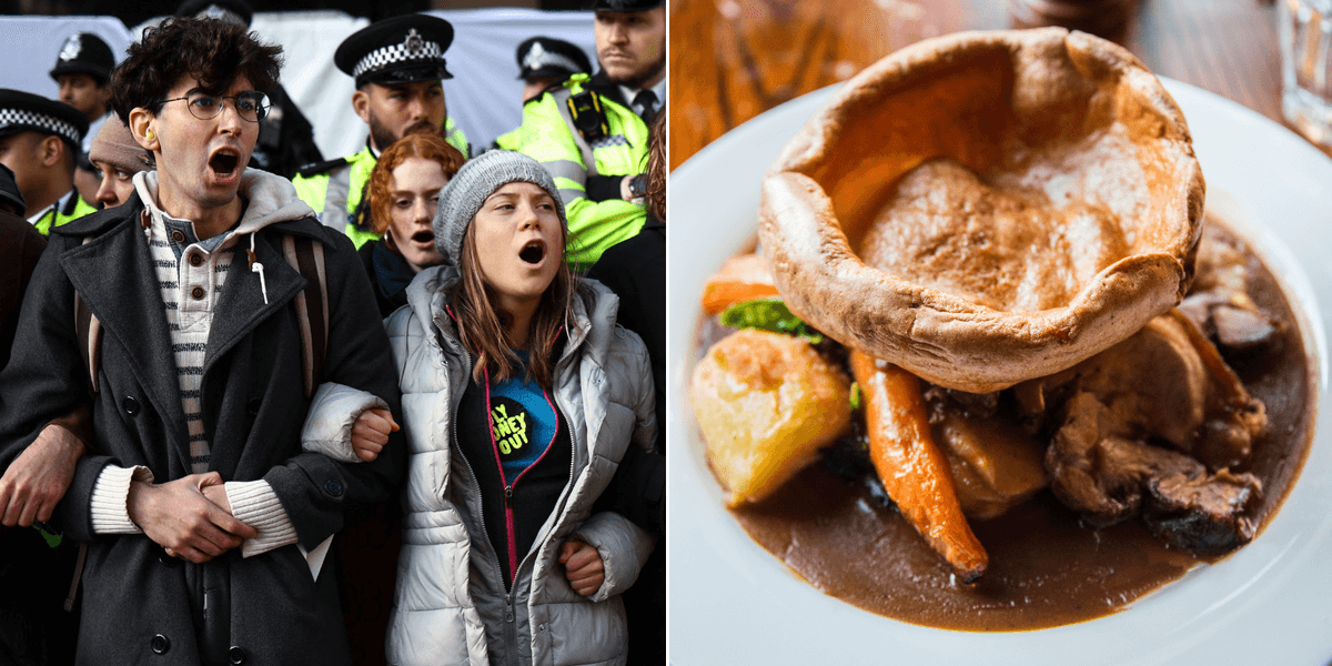 Greenpeace eco-activists demand Britons think twice about traditional roast dinners Greenpeace eco-activists demand Britons think twice about traditional roast dinners