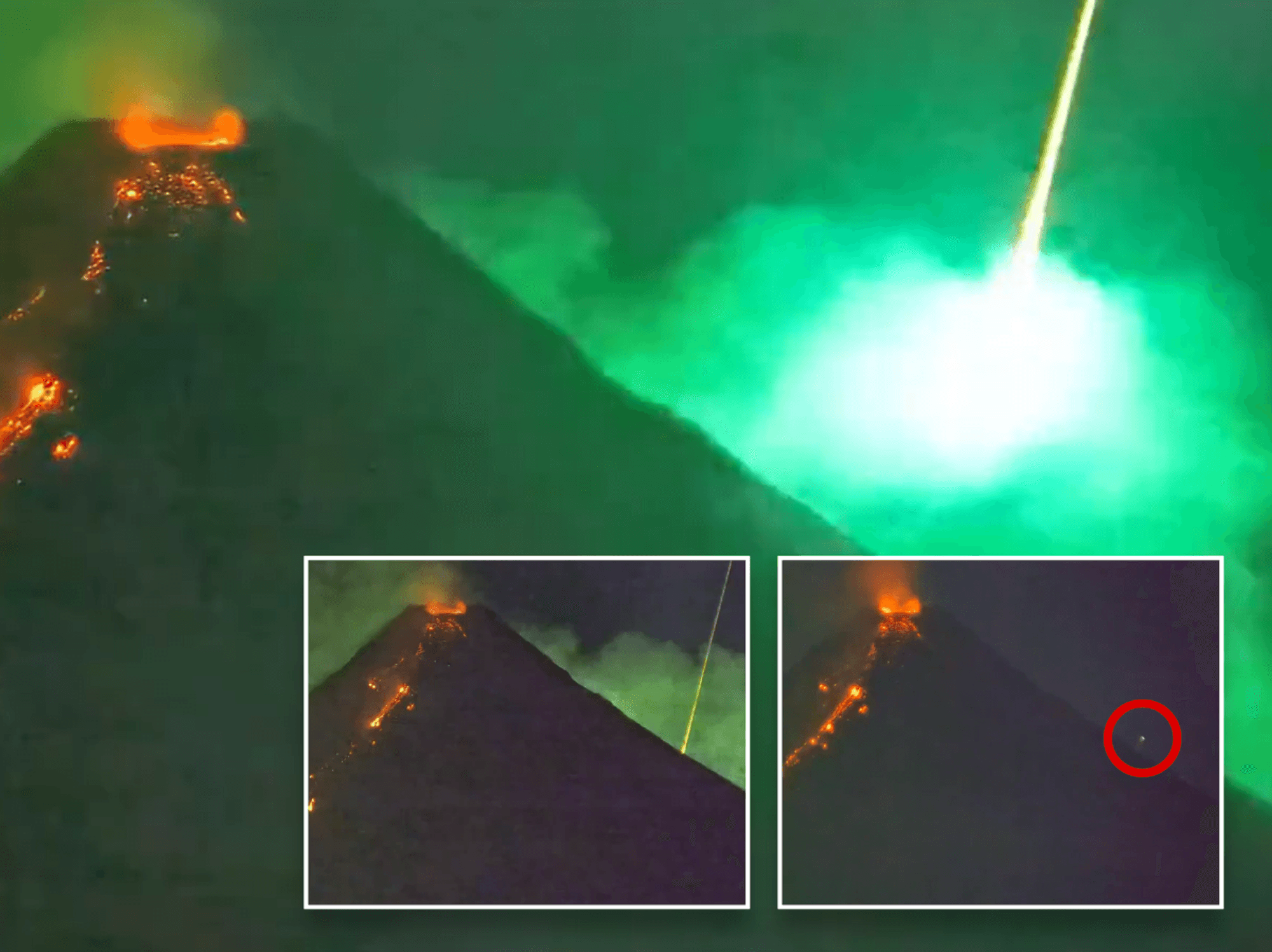 Mysterious light seen rising through night sky after green fireball meteor 'hits' erupting volcano