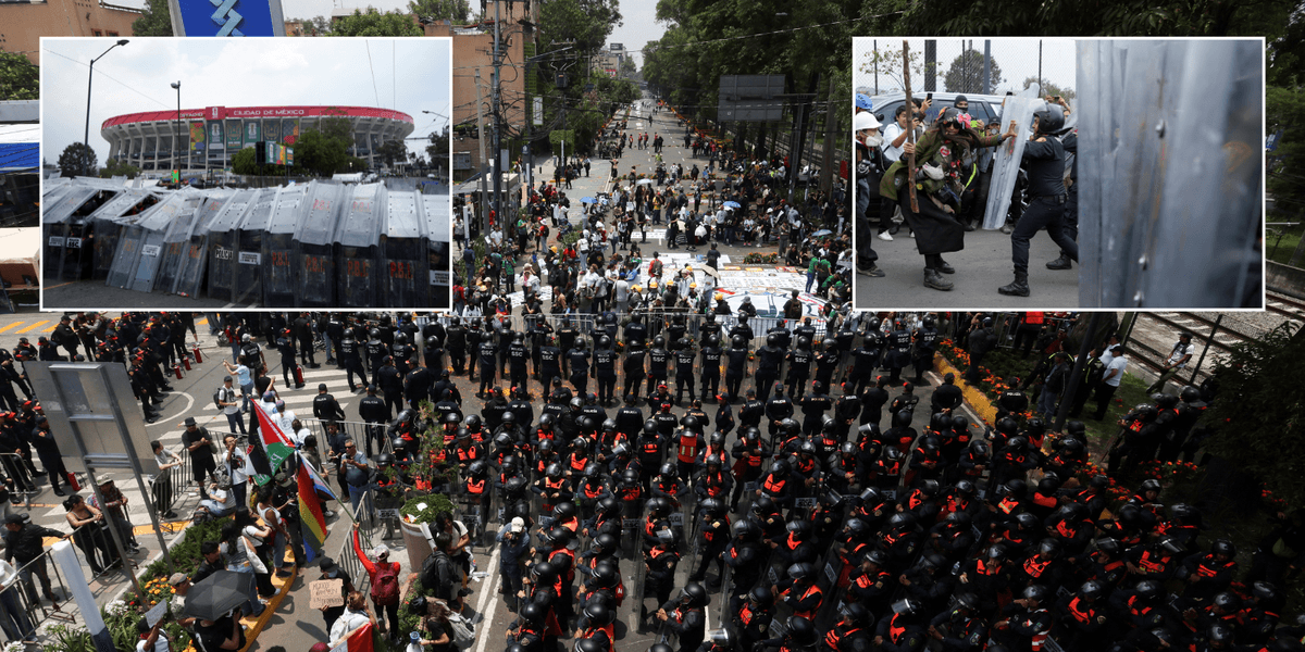 World Cup chaos as rampaging protesters fight riot police and man suffers heart attack outside stadium