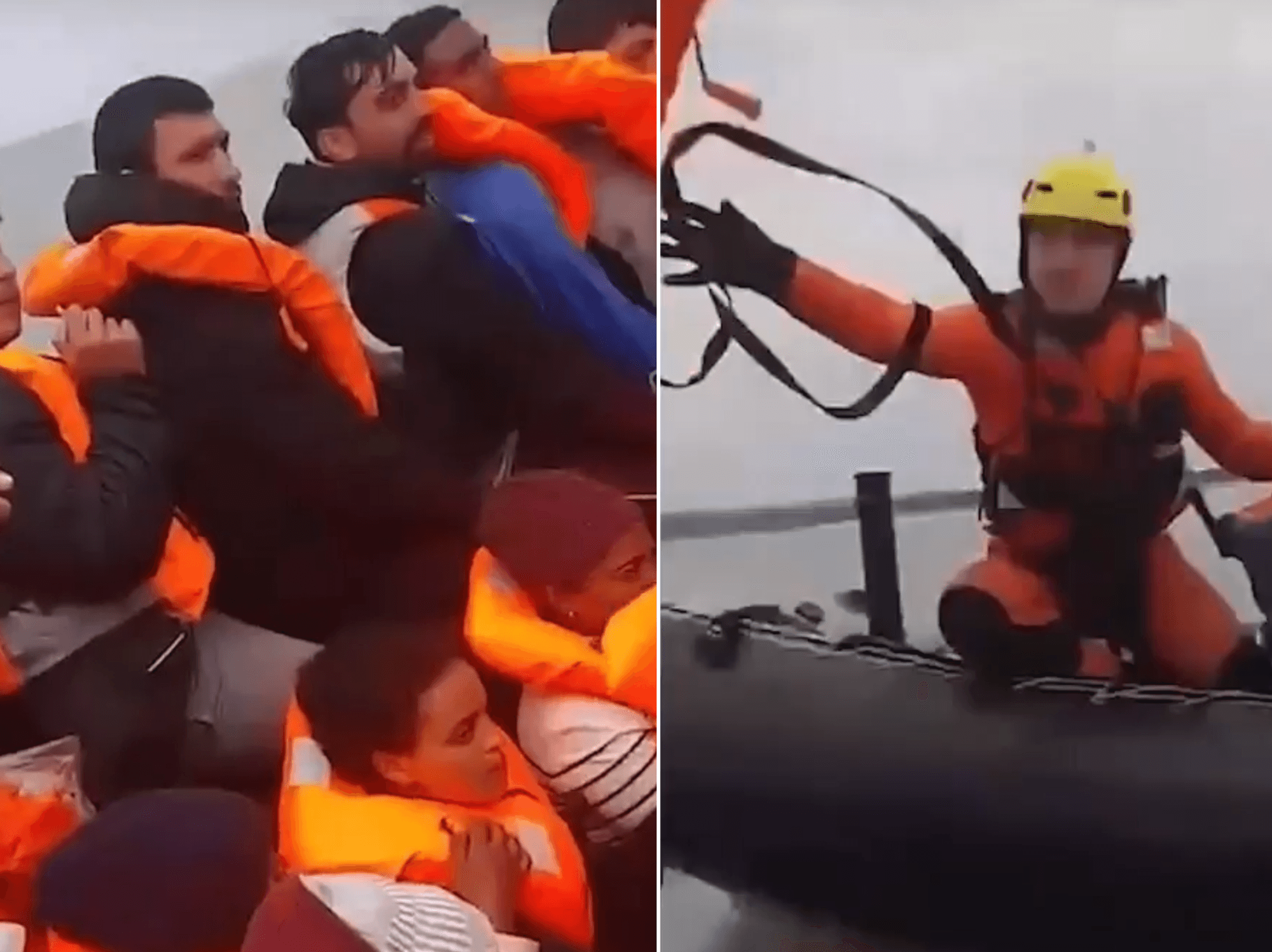 Shocking moment French Navy spotted handing life jackets to small boat migrants making their way ...