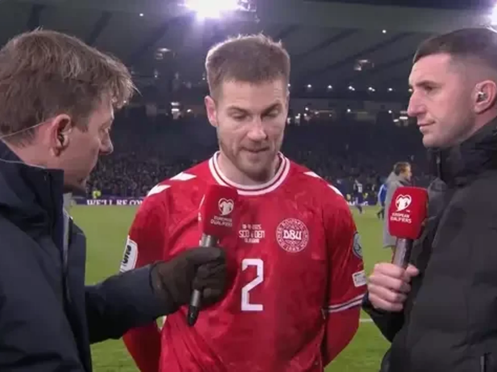 Denmark star swears in furious interview after 'freak goal' as Scotland reach 2026 World Cup