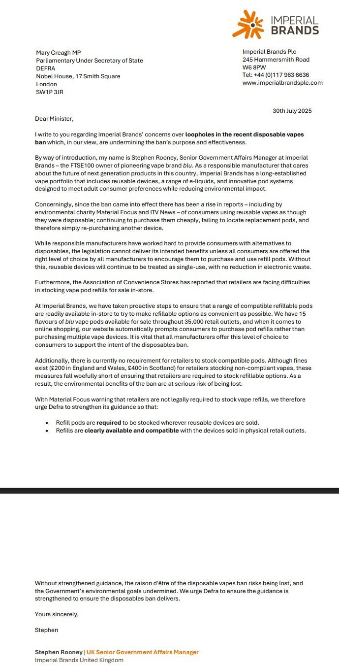 Dopis Imperial Brands