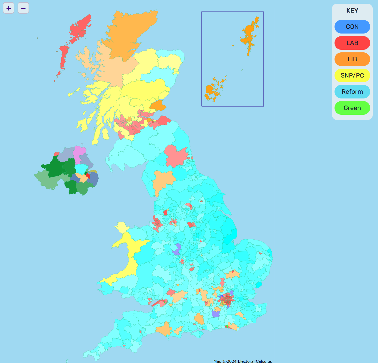 In a conversion of the results to a seat map projection, Reform would win in excess of 400 seats\u200b