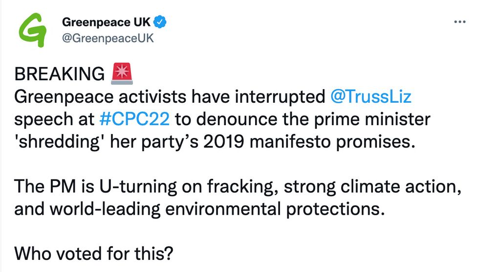 In a tweet, Greenpeace said: \%22The PM is U-turning on fracking, strong climate action, and world-leading environmental protections.\%22