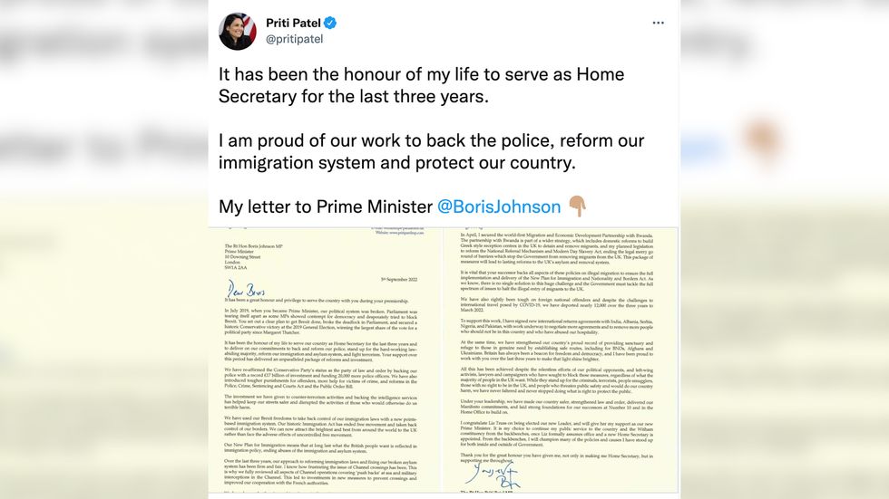 In a tweet, Patel said: \%22It has been the honour of my life to serve as Home Secretary for the last three years
