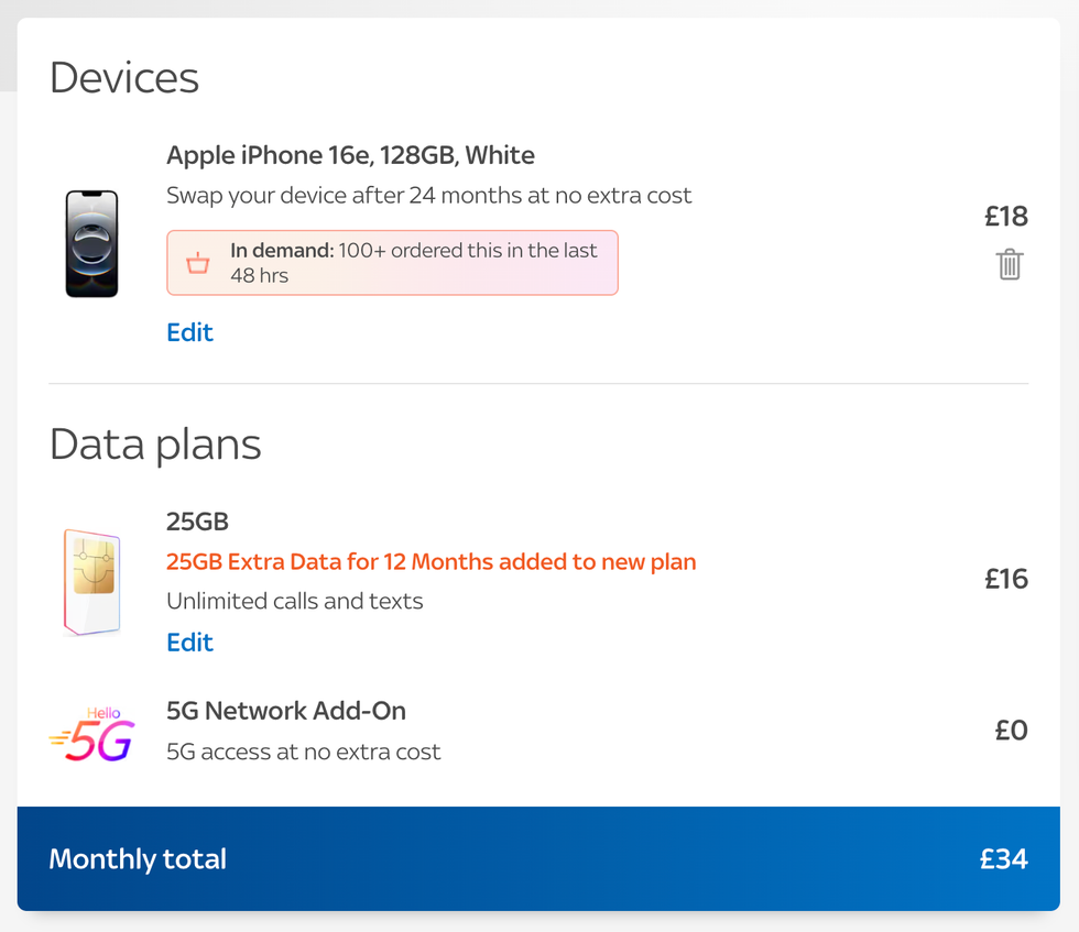 in demand warning in shopping basket on sky mobile