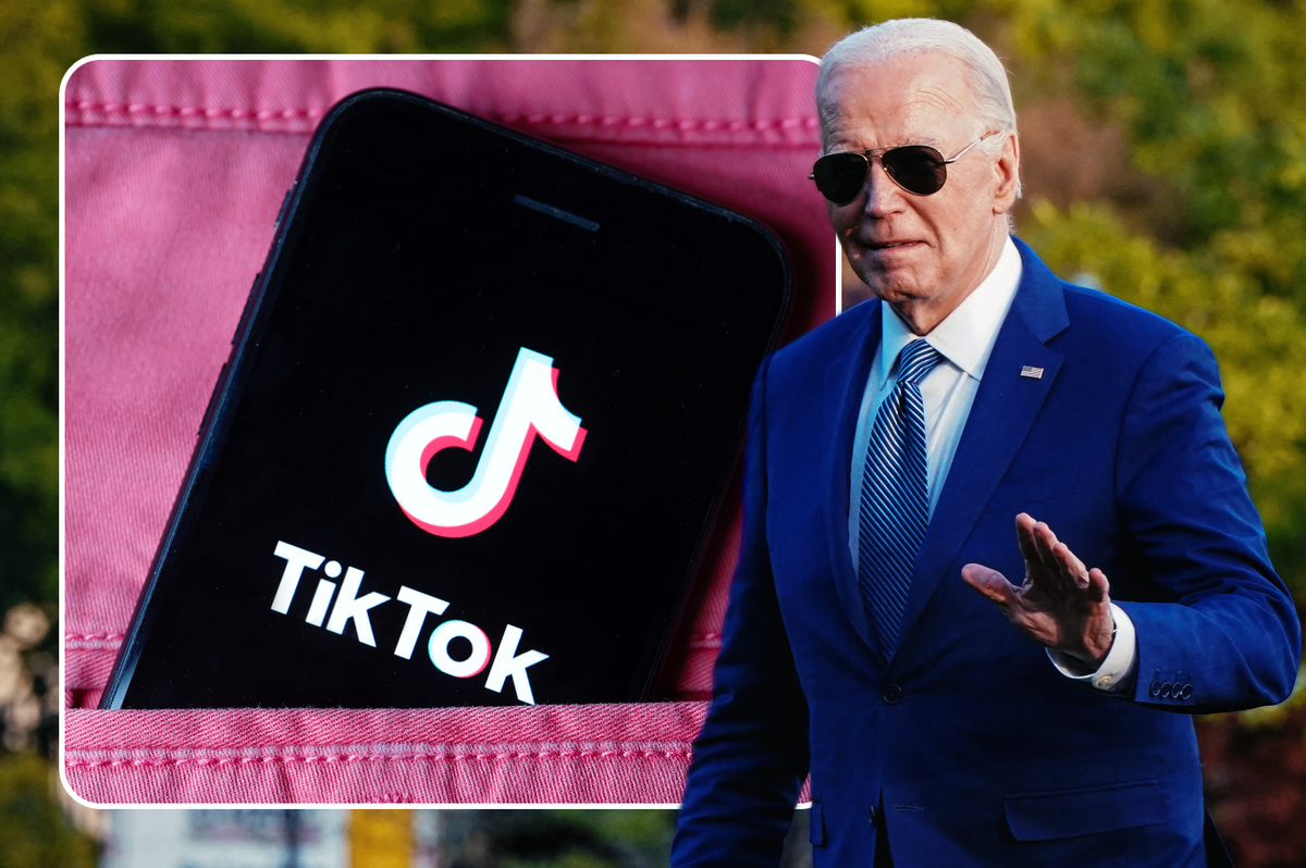 inset image of a smartphone with the tiktok logo on-screen, with president joe biden photographed walking outside with sunglasses on 