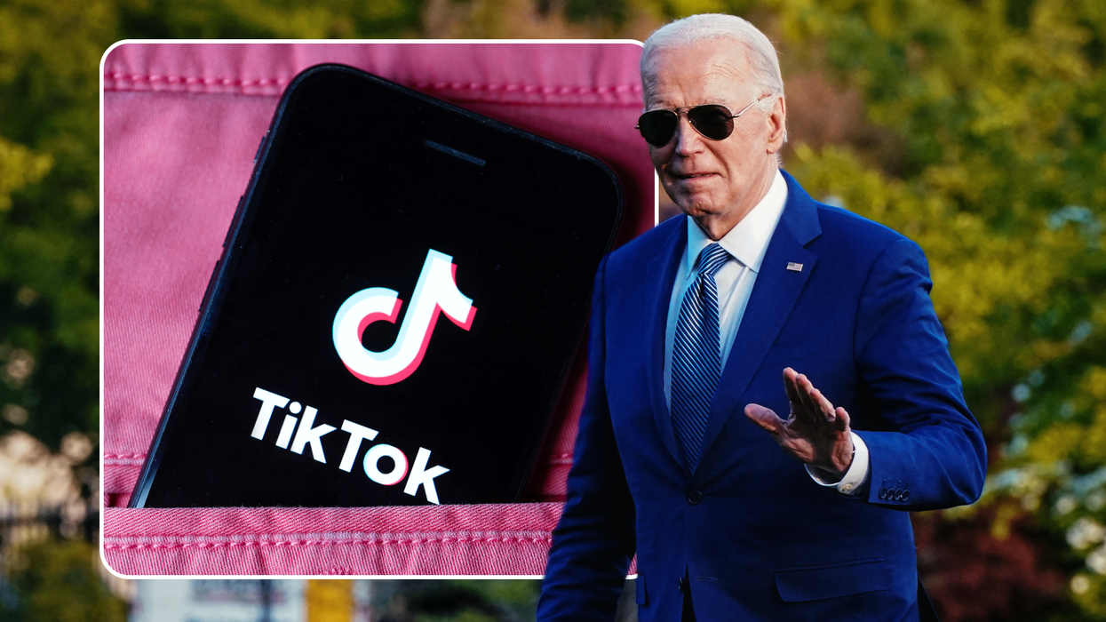 inset image of a smartphone with the tiktok logo on-screen, with president joe biden photographed walking outside with sunglasses on