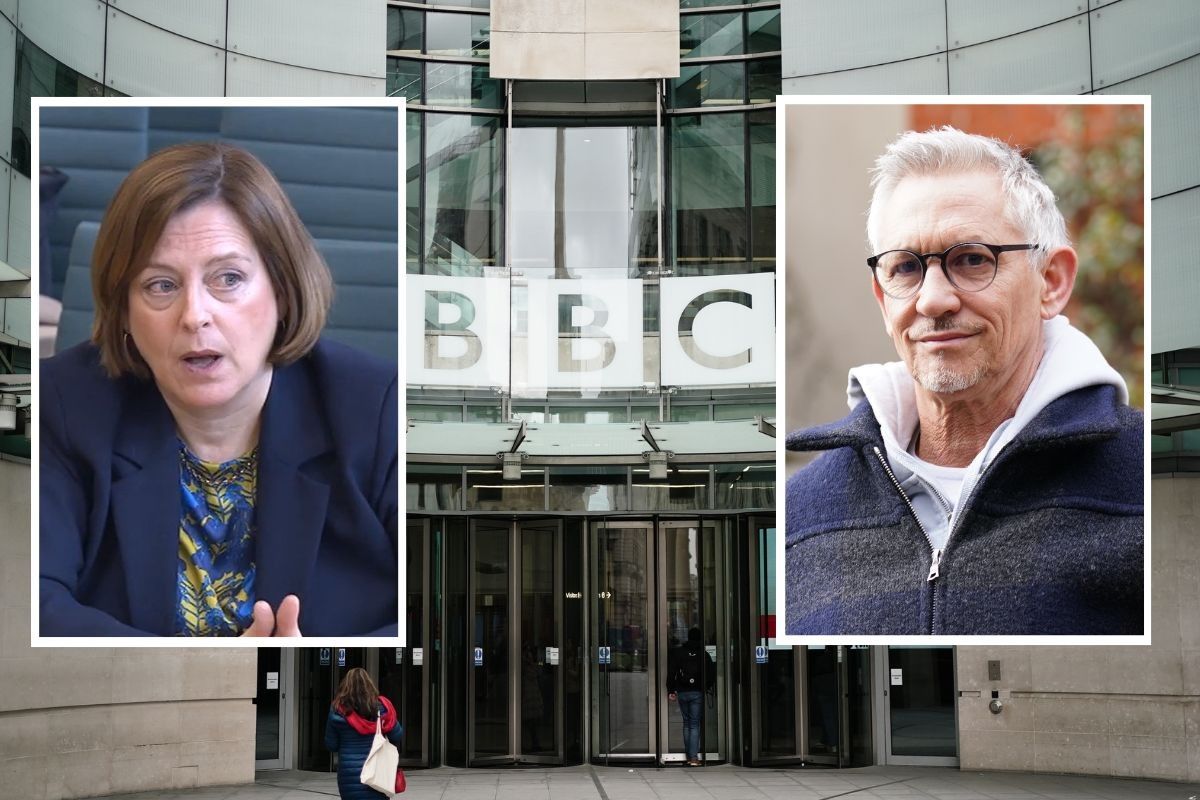 Inset images of Melanie Dawes, Gary Lineker. Main image of BBC New Broadcasting House