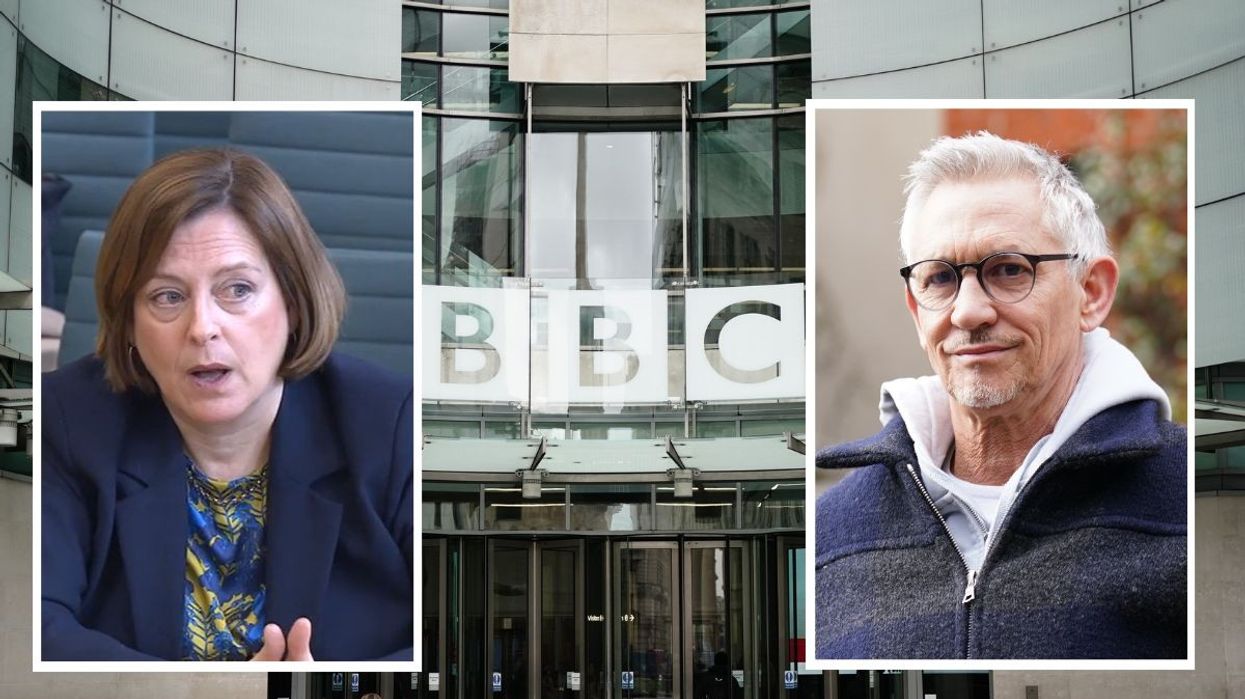 Inset images of Melanie Dawes, Gary Lineker. Main image of BBC New Broadcasting House