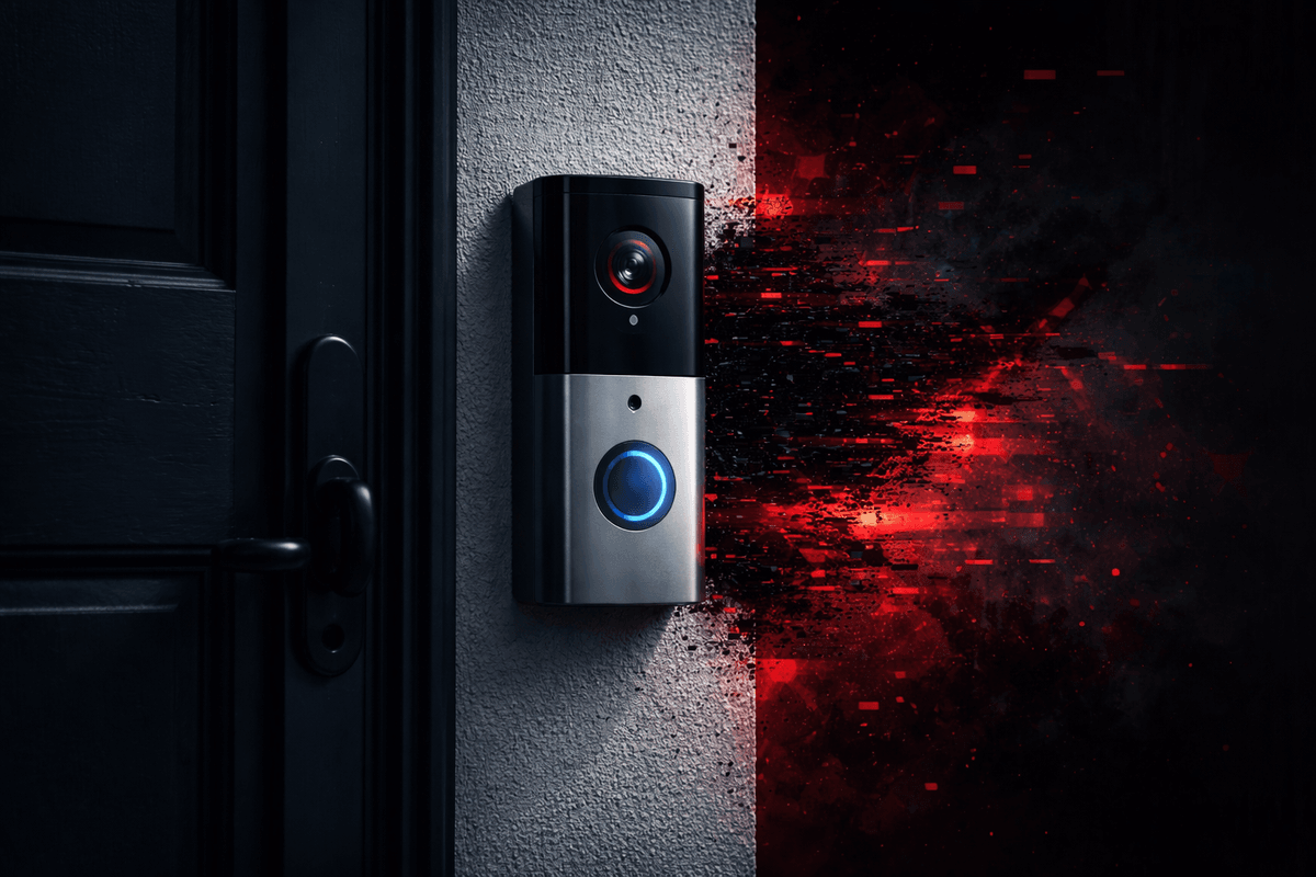 Installed video doorbell with glitch behind it