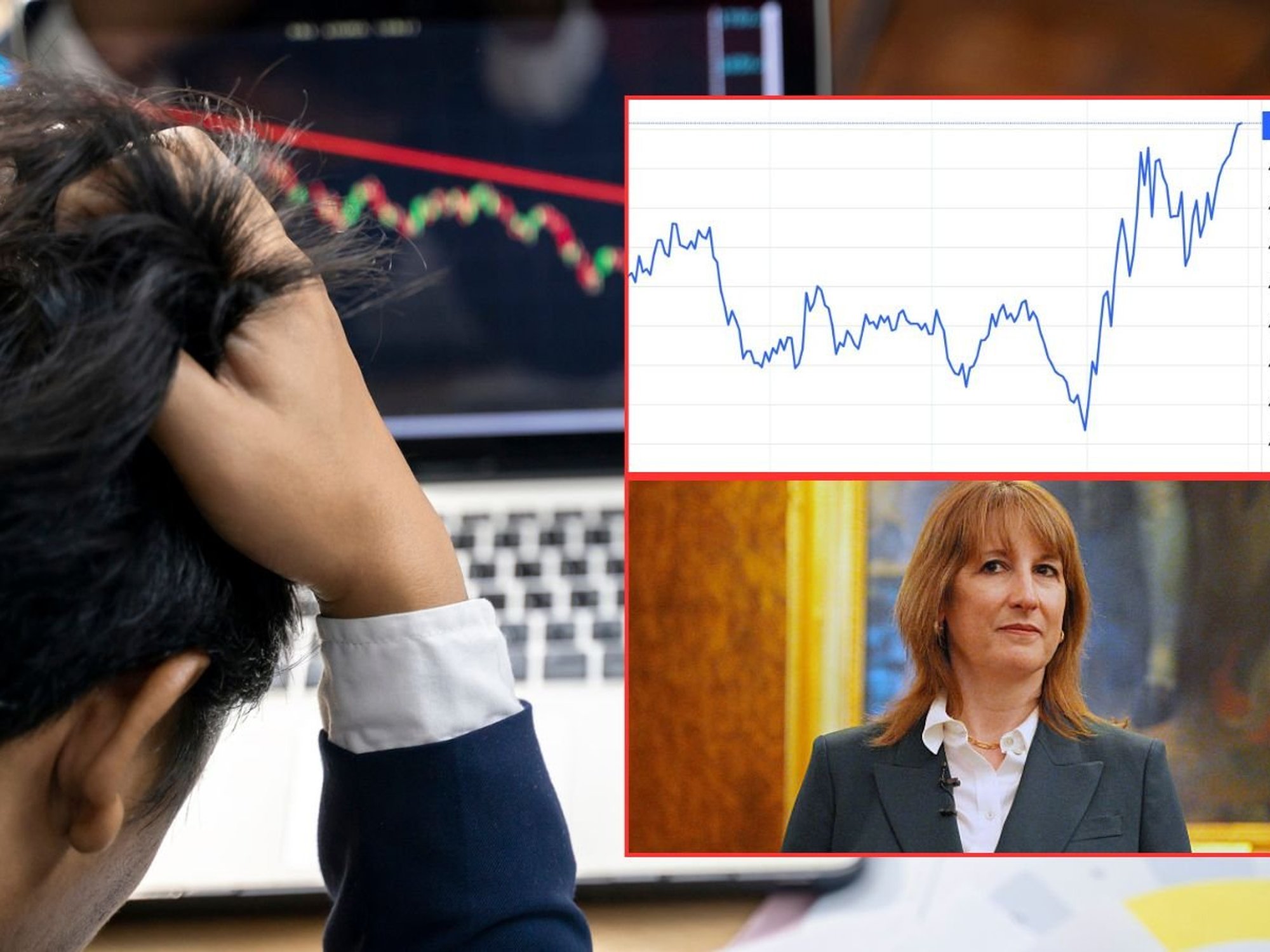 Investor looking worried, 10-year gilt yield, and Rachel Reeves