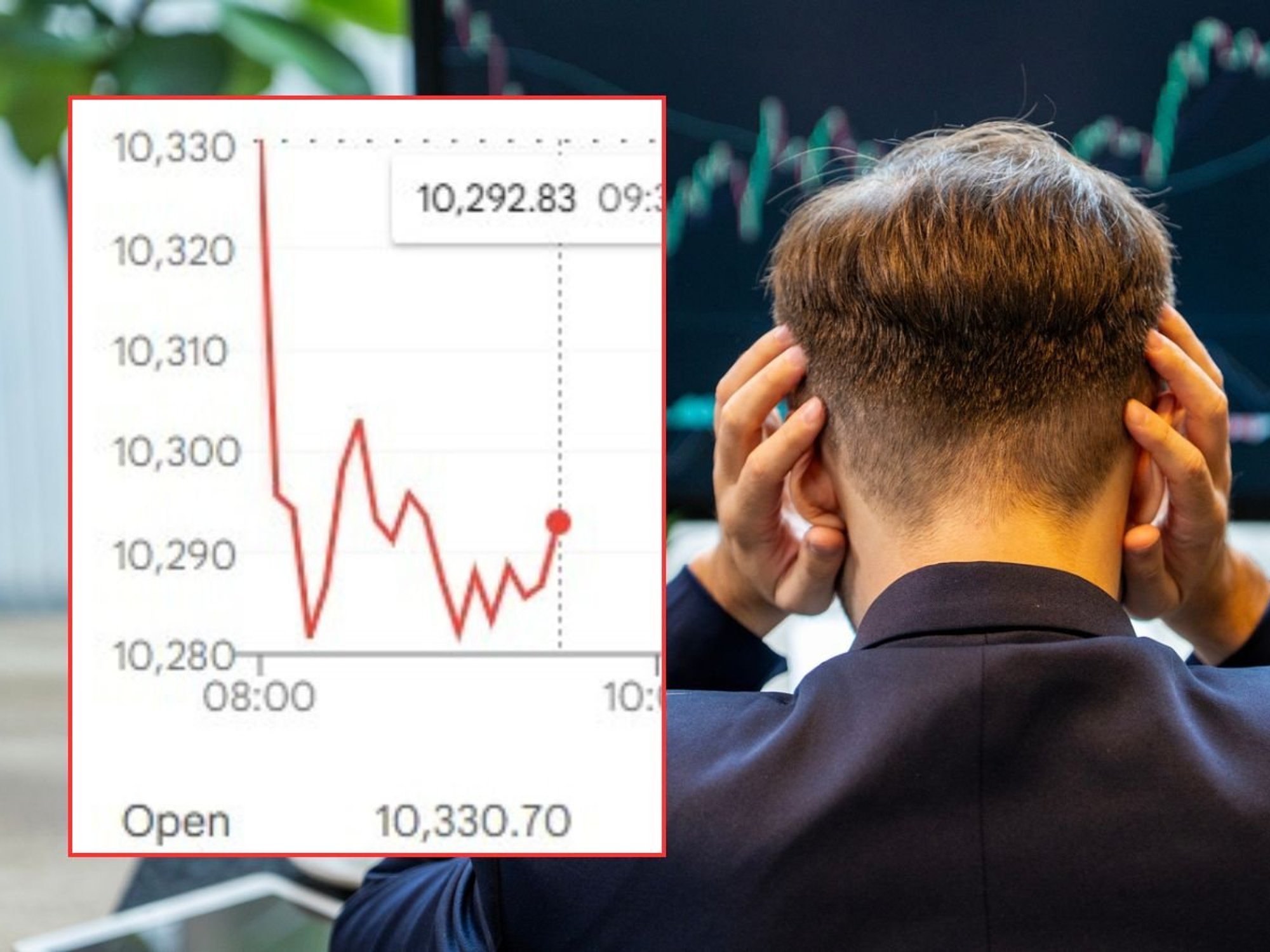 Investor looking worried and Ftse graph