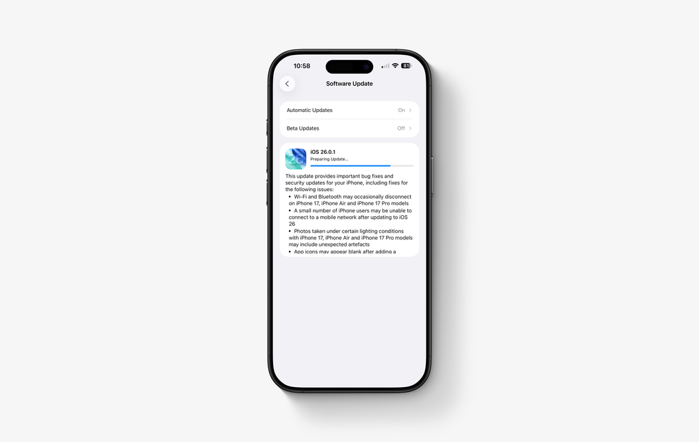 iOS 26.0.01 installing on an iPhone