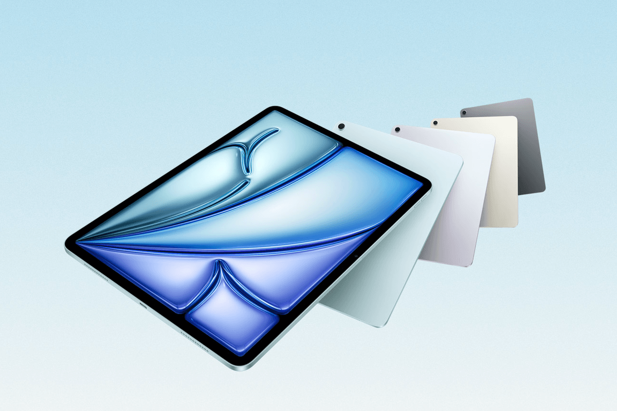 iPad Air M4 pictured in all four colourways on a light blue background