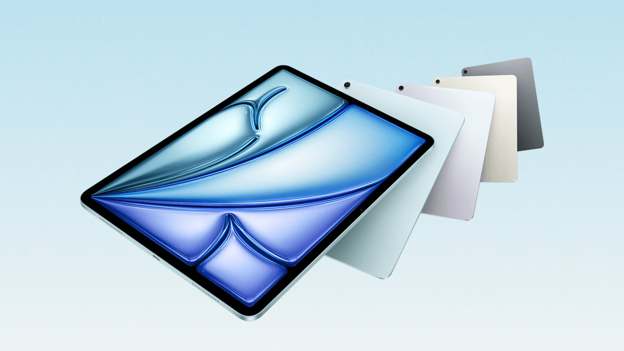 iPad Air M4 pictured in all four colourways on a light blue background
