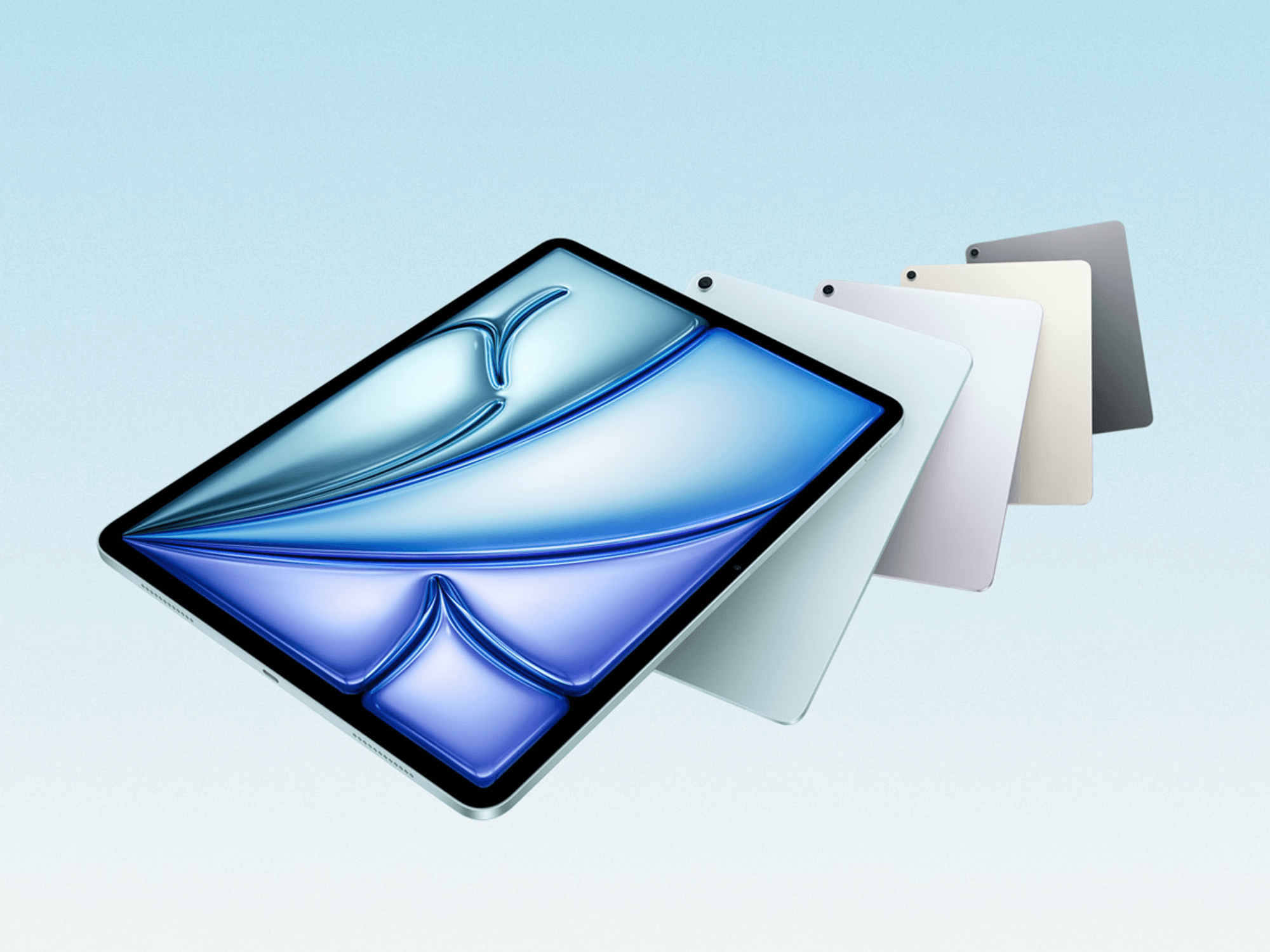 iPad Air M4 pictured in all four colourways on a light blue background