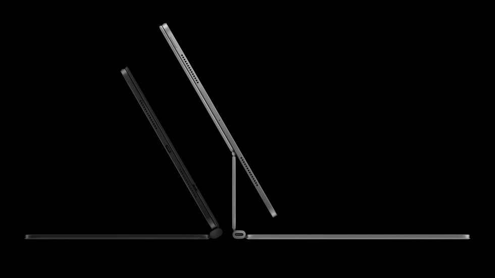 iPad Pro pictured side by side with the 11-inch and 13-inch models in the Magic Keyboard case