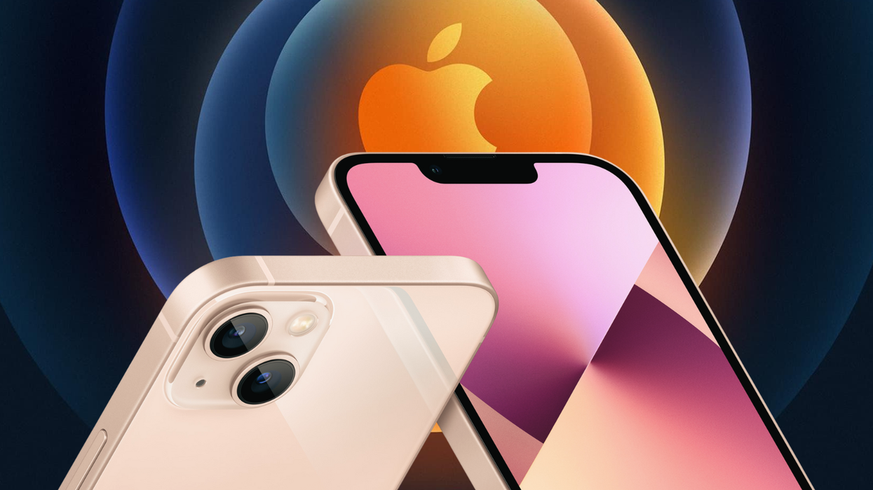 iphone 13 pictured in the foreground with the hi speed apple event invite in the background