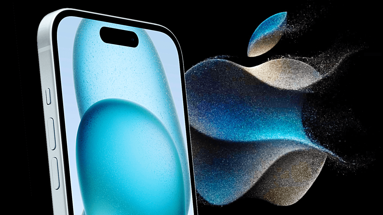 iphone 15 in blue in the foreground with the apple logo from the september 2023 launch event in the background