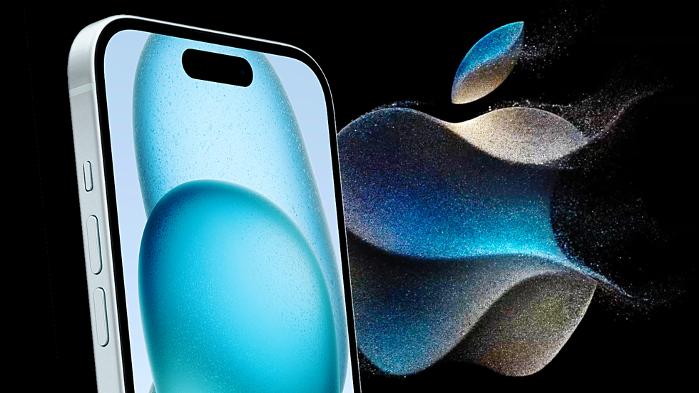 iphone 15 in blue in the foreground with the apple logo from the september 2023 launch event in the background 