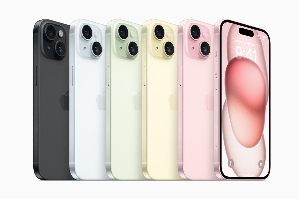iphone 15 is pictured in all five colour variants: Blue, Pink, Yellow, Green, and Black