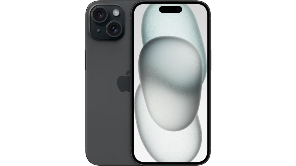 iphone 15 pictured in space grey with a white background