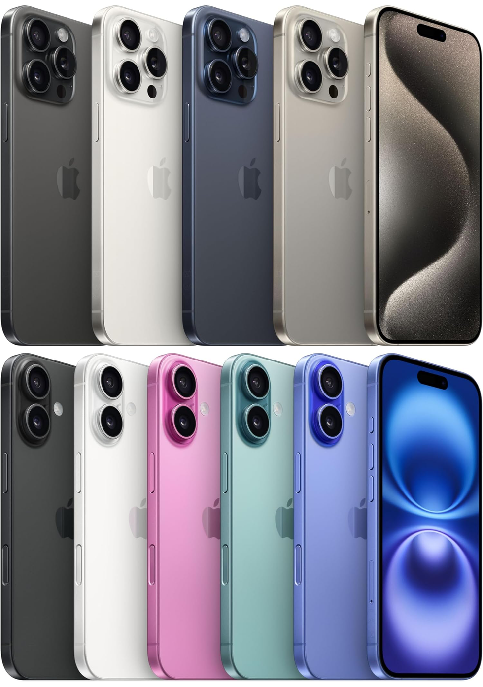 iPhone 15 Pro Max in titanium colours pictured on-top of the iPhone 16 Plus in all colours