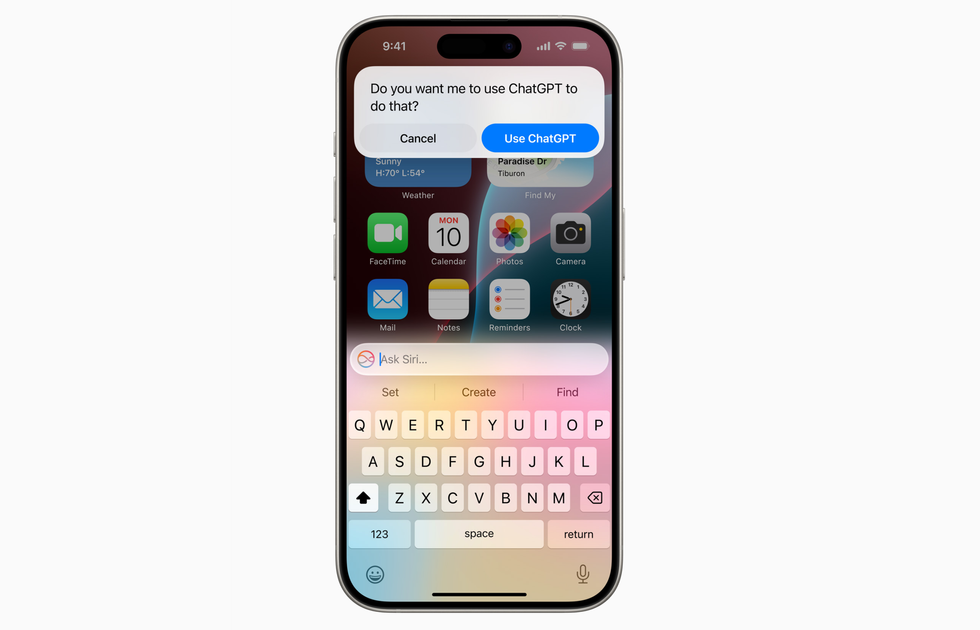 iphone 15 pro pictured with a prompt from siri asking if youre happy to send something to chatgpt