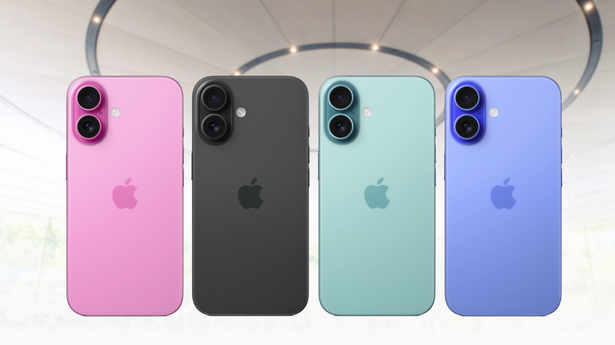 iPhone 16 in pink black green and blue with a picture of the Steve Jobs Theatre in the background