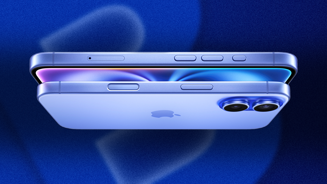 iphone 16 in ultramarine pictured on its side with a colourful GB News background