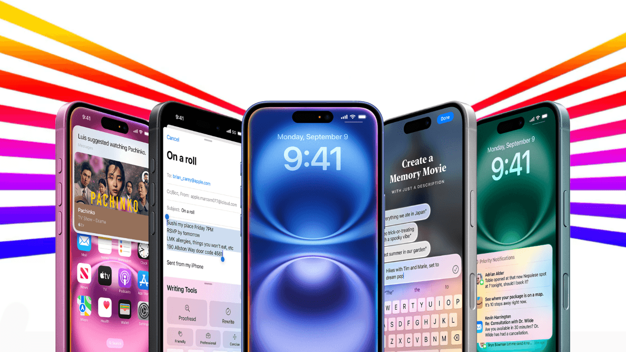 iPhone 16 pictured in all five colours with different iOS 18 tasks shown on-screen