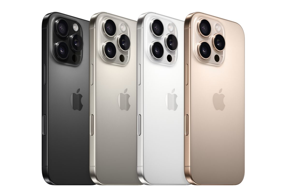 iphone 16 pro and iphone 16 pro max shown in all four titanium colours
