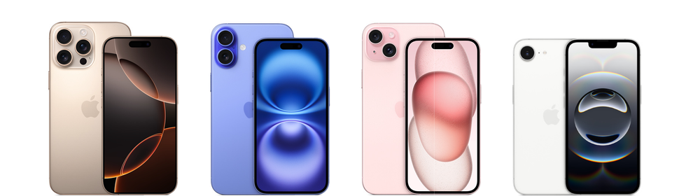 iphone 16 pro iphone 16 iphone 15 and iphone 16e pictured side by side in a lineup