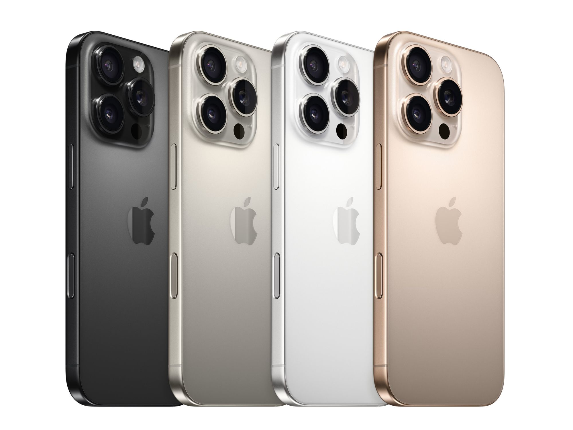 iphone 16 pro lineup with all colours shown Black Titanium, Natural Titanium, White Titanium, and Desert Titanium